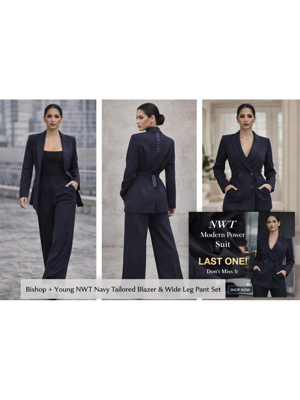Bishop + Young NWT Navy Tailored Blazer & Wide Leg Pant Set Modern Power Suit S